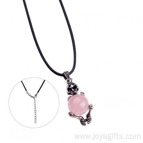 Natural Rose Quartz Silver Skull Pendant Necklace